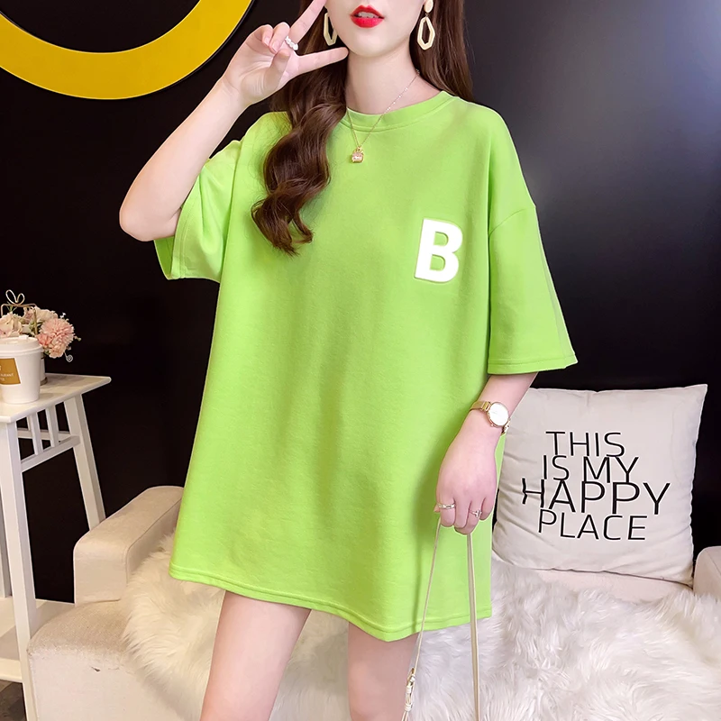 

2021 summer loose round neck three-dimensional decorative blouse mid-length plus size women's short-sleeved T-shirt women