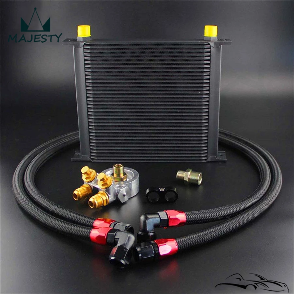 

34 Row 80 Deg Thermostat Adapter Engine Racing AN10 Oil Cooler Kit For Japan Car Silver / Black