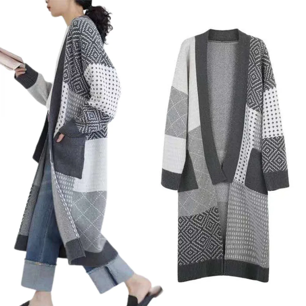 

Color Block Sweater Women Casual Loose Printed Long Cardigans Cotton Sweaters Ladies Baggy Pockets Warm Winter Office Coats