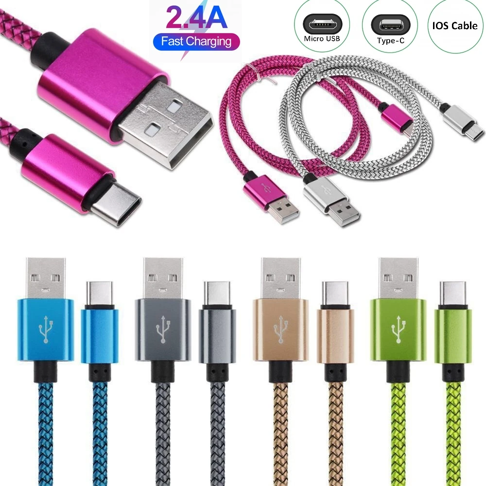 1 м 2 3 Нейлоновая Ткань Плетеный Тип C Micro 8 PIN USB кабель для синхронизации данных и
