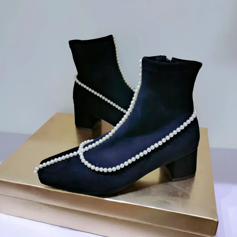 

Womens Square Toe Rhinestones Pearls Ankle Boots Block High Heel Shoes Stretchy Black X-mas Gift Girls A01