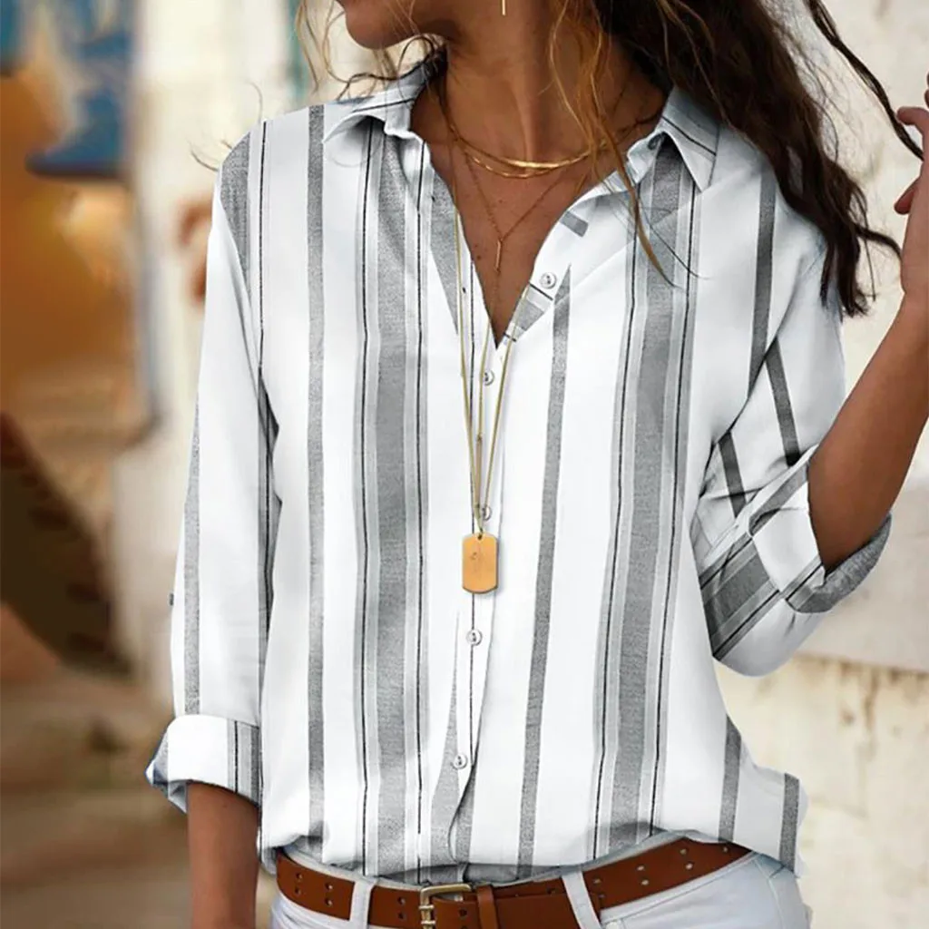 Женская полосатая блузка рубашка с длинным рукавом блуза v-образным вырезом