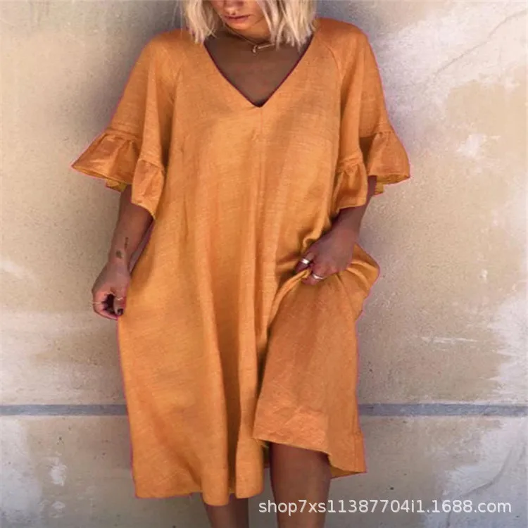 

Cotton hemp loose V-neck dress