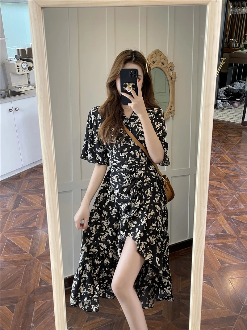 

New Summer Office Lady Elegant Mermaid Dress Female Retro Floral Dresses Women Mid-length Waist French Ruffle Dress Mujer