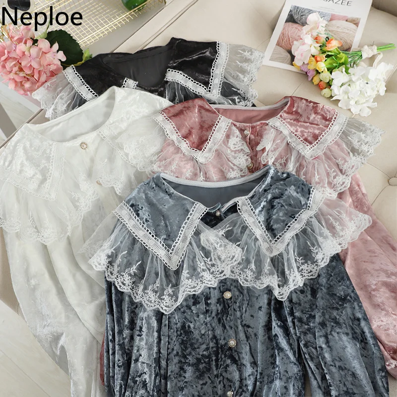 Neploe Корейская кружевная Лоскутная золотистая Вельветовая блуза с длинными