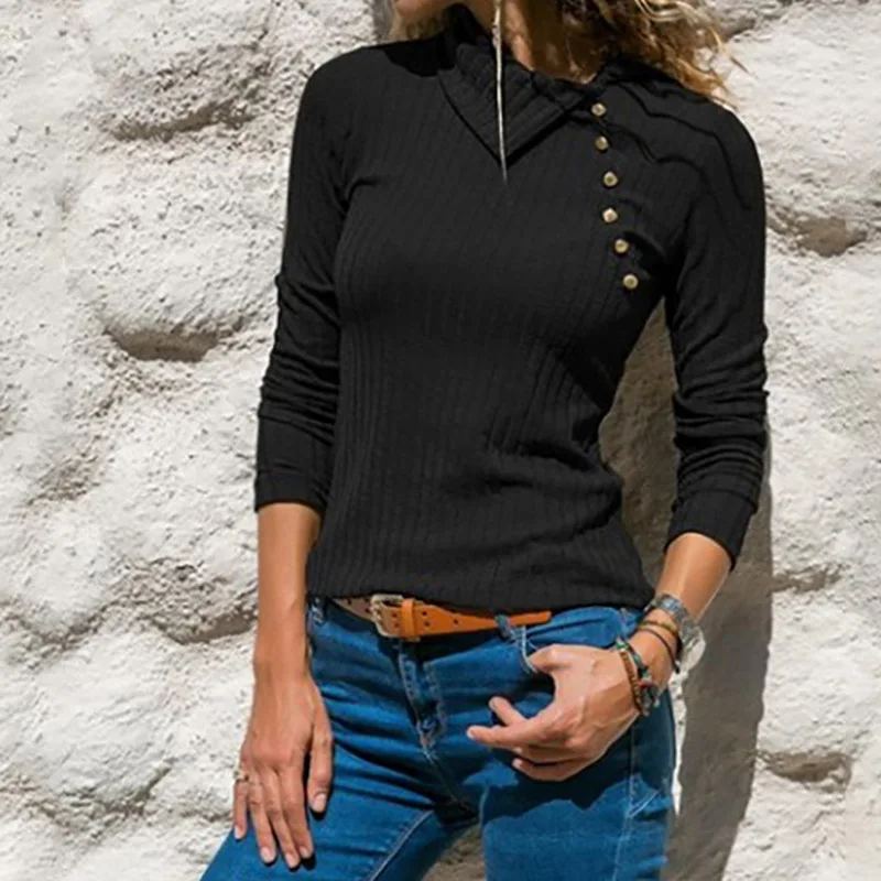 Ladies Long Sleeve Lapel Slim Fit Striped Casual Button Pullovers 2019 New Womens Fashion Solid Color Autumn and Winter Sweaters | Женская