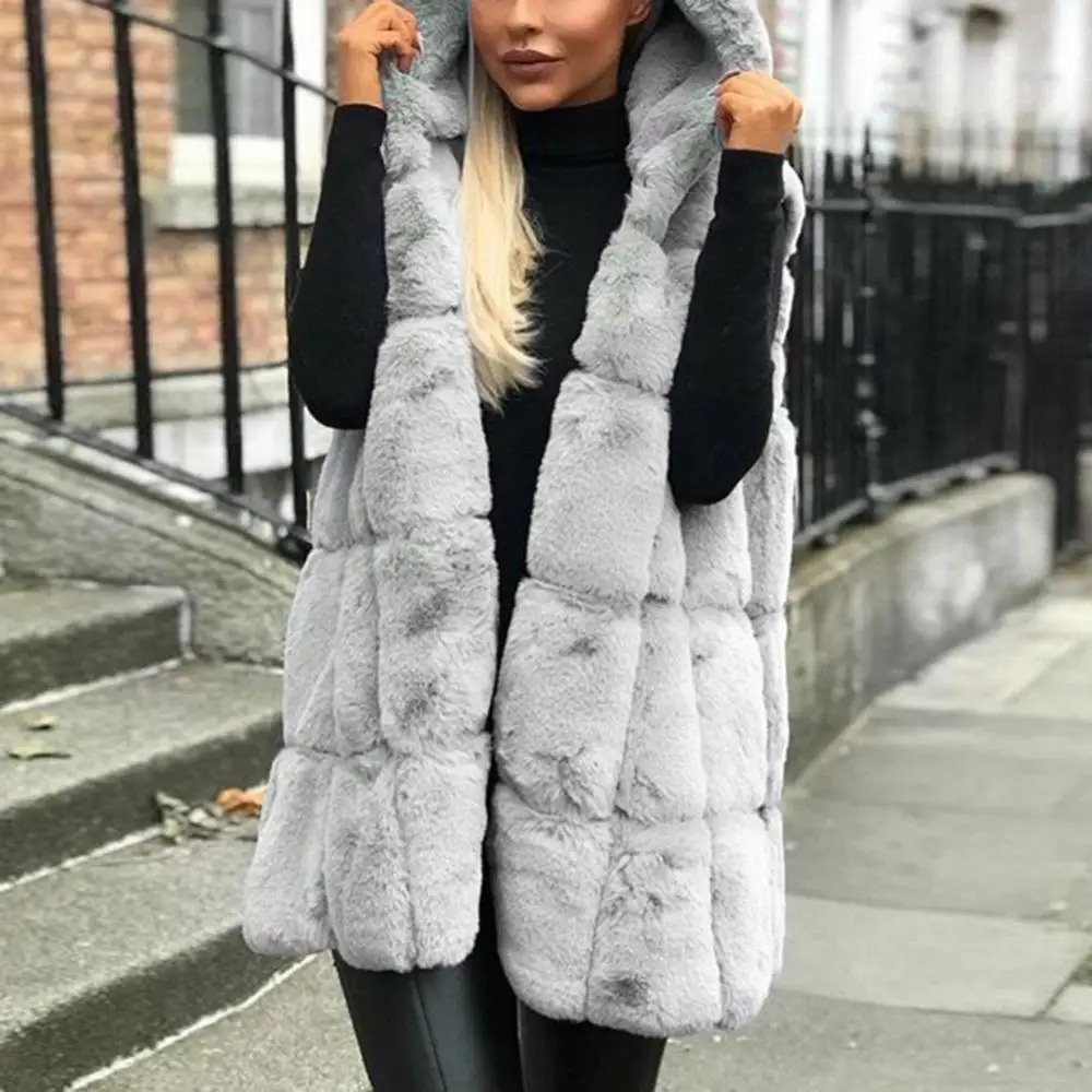 

Women Waistcoat Solid Color hicken Faux Fur Vest Jacket Casual Hooded Vests Lady Waistcoat Autumn Winter