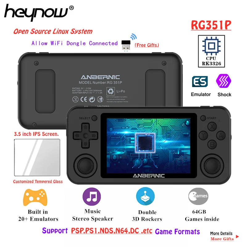 Консоль игровая HEYNOW RK3326 RG351P в стиле ретро Wi Fi 64 ГБ Emuelec Linux 3 5 дюйма IPS экран PS1 N64