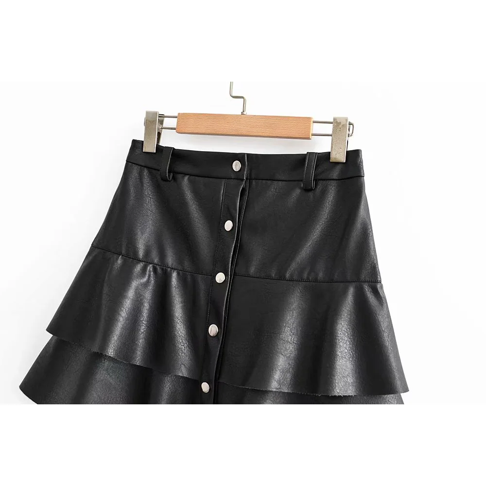 2019 женские юбки из искусственной кожи с каскадными оборками мини высокой талией