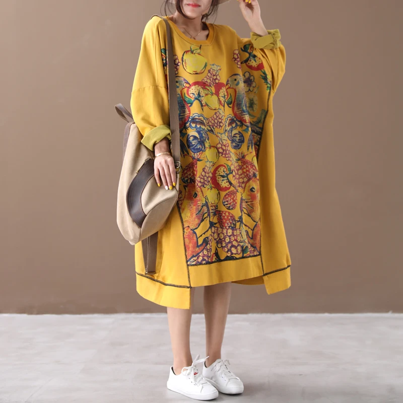 Женское платье Осень Зима Большие Размеры свободное ретро 2019 Новое с круглым