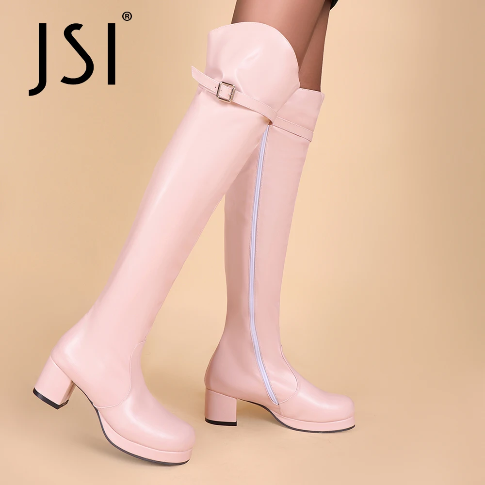 

JSI High Boots Women Sexy Pink Spring/Autumn Belt Buckle Boots Thick Heels Plus Size Nightclub Party Platform Lady Shoes VO943