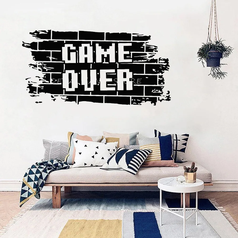 Game Over Wall Decal Bricks Gaming Teens Boys Bedroom Play Room Video Games Home Decor Door Window Vinyl Stickers Mural