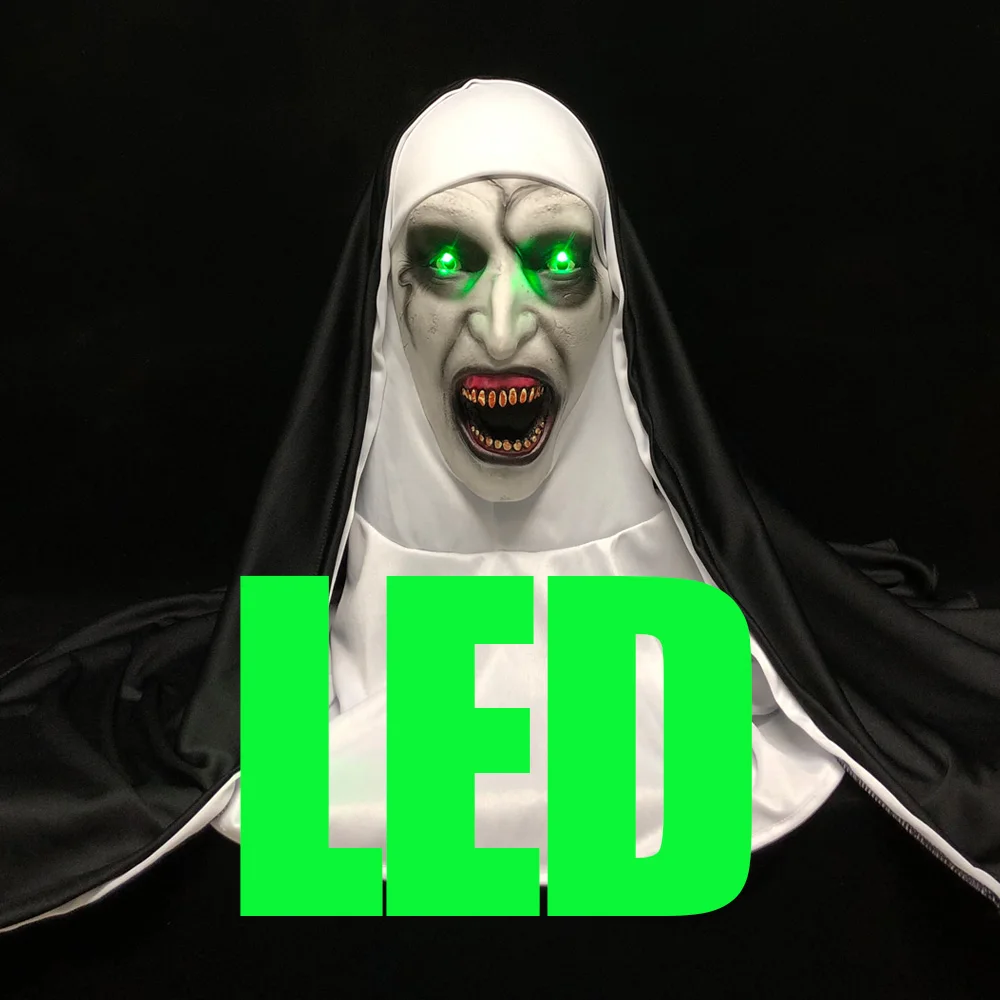 led nun mask Светодиодный маска монашки ужасов Косплей страшные латексные маски валак с шарфом светодиодный светильник Вечерние Маски на Хэллоуин - Цвет: led nun mask