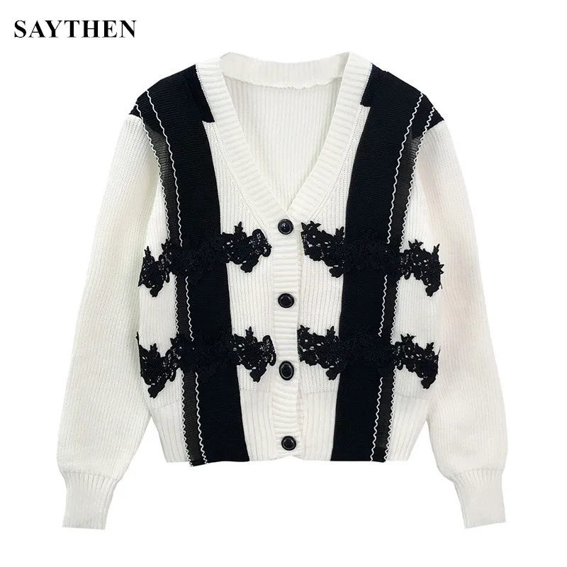 

Новое пальто SAYTHEN, женский свитер, короткий вязаный кардиган ранней весны с V-образным вырезом и кружевом