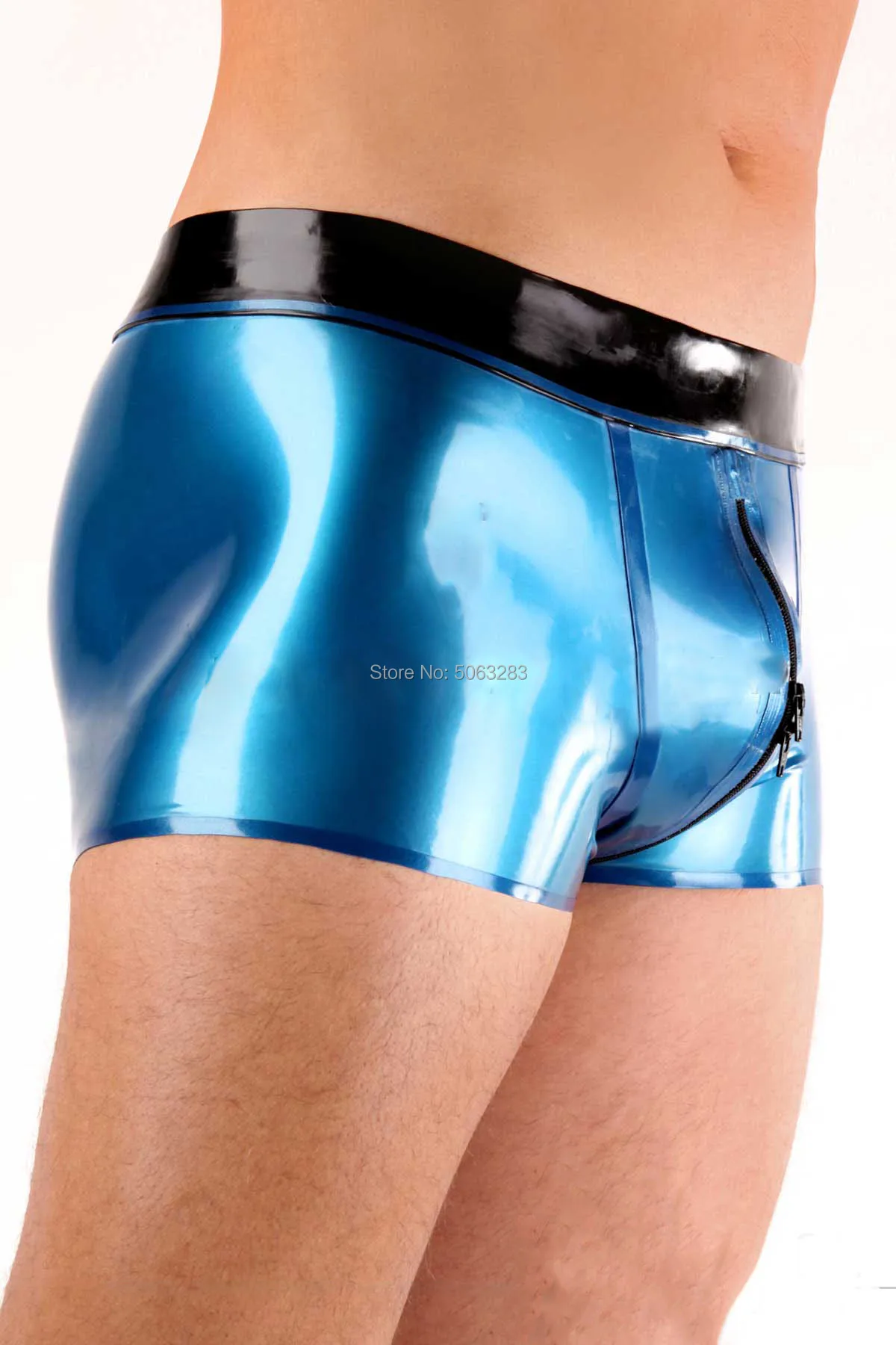 Латексный боксер резиновый жемчужный синий с планками молния в промежности r