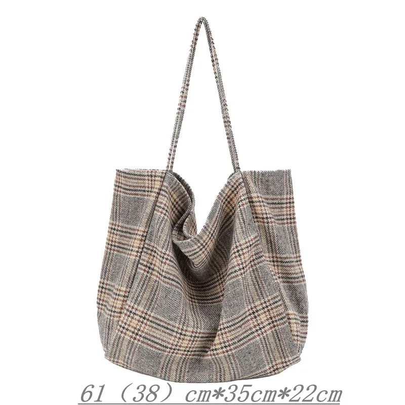 

2020 Women New Fashion Woolen Lattice Large Capacity Casual Tote Bag Cloth Bag All-match Shoulder Bag Student Bag Office Daily