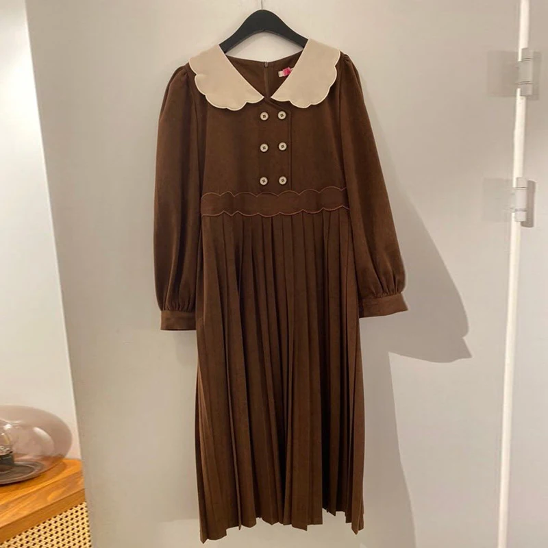 

2021 Elegant Spring Women New Chic Fashion Vintage Long Sleeve Buttons Female Pleated Dresses Mujer