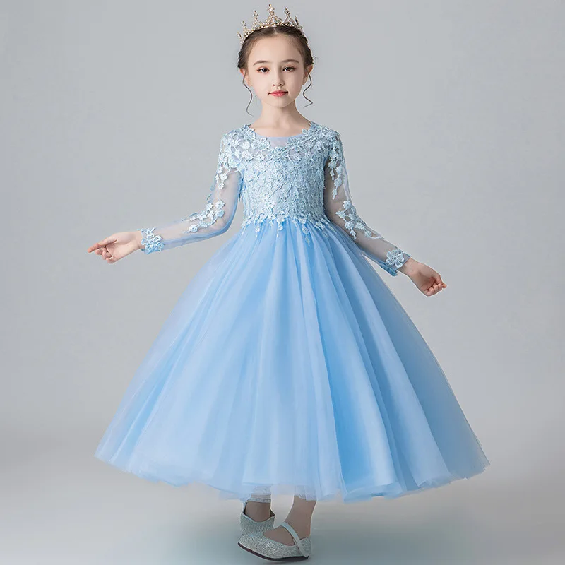 

New Year Flower Girl's Birthday Banquet Long Sleeve Lace Stitching Dress Elegant Girl's Wedding Long White Lace Loop Dress