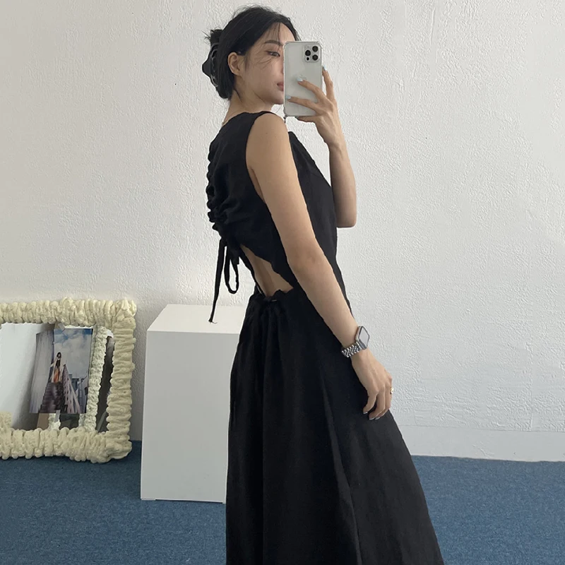 Женское летнее платье Sannian с круглым вырезом открытой спиной и кулиской сзади