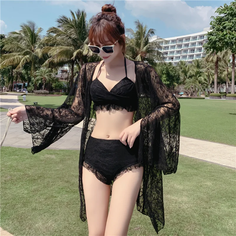 Женский купальник тройка бикини с большой и маленькой грудью собранный длинным