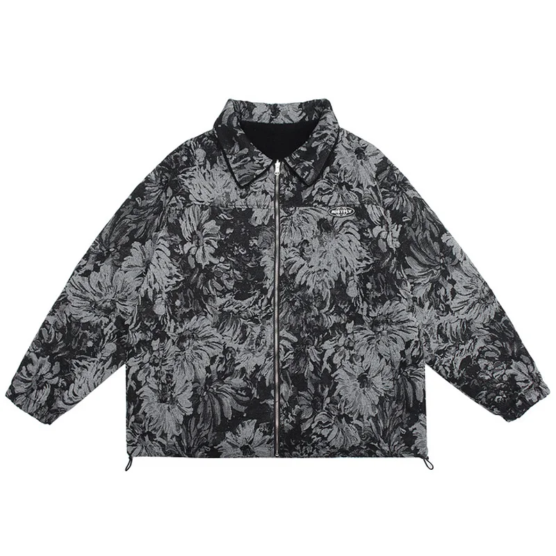 

Куртка мужская флисовая оверсайз в стиле Харадзюку, шерсть, цветы, картина маслом, уличная одежда в стиле ретро, двусторонняя