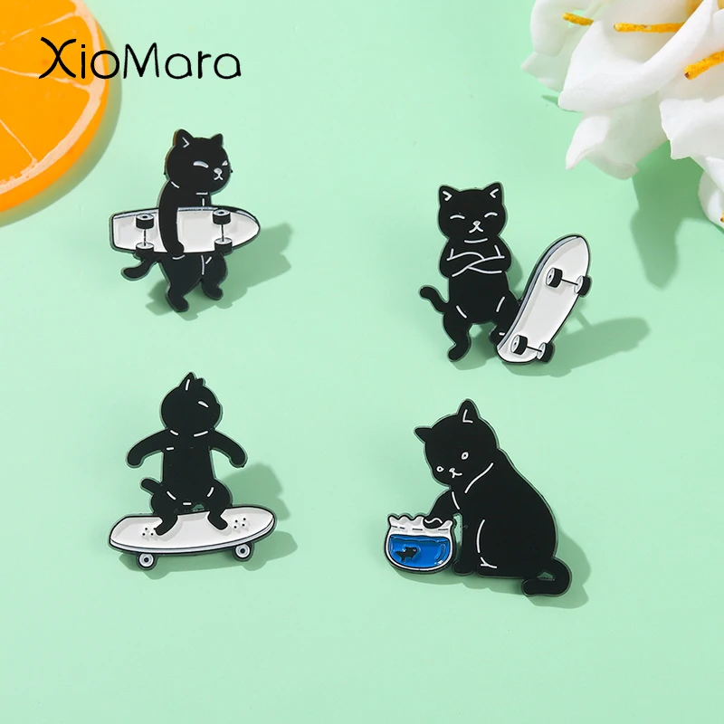 

Wholesale Black Cat Enamel Pins Cute Skateboarding Animal Custom Brooches Badge Accessories Clothes Backpack Gift Jewelry