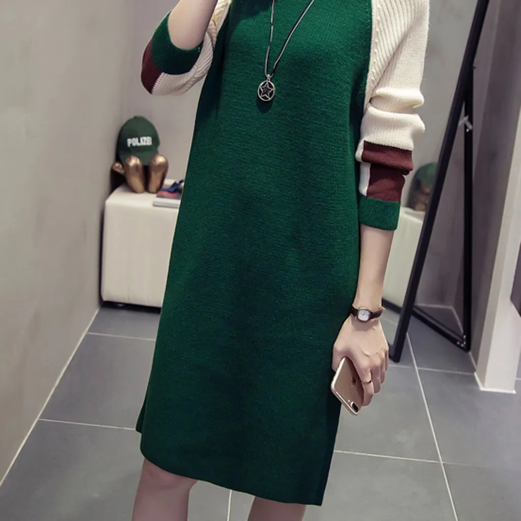 Женское осеннее платье в стиле пэчворк модное корейское свободное с круглым