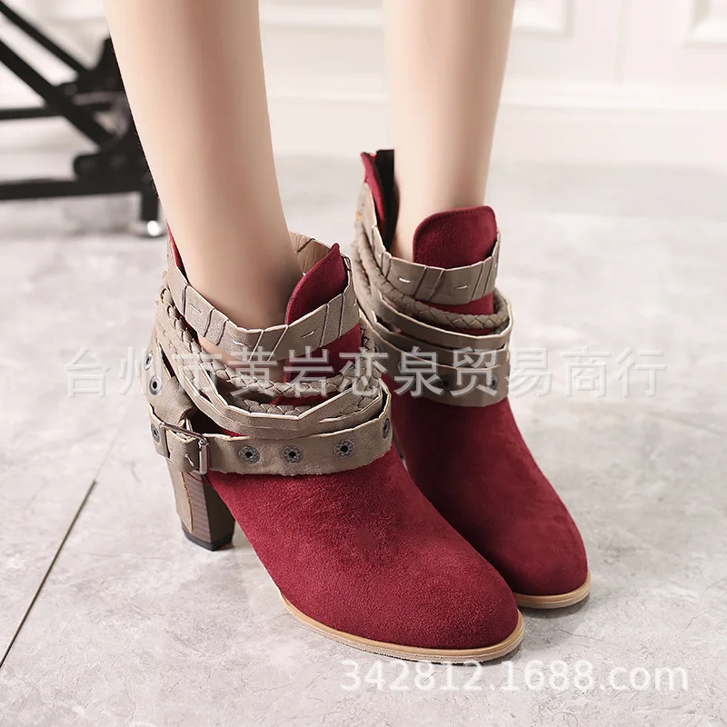 Ботинки женские короткие с круглым носком Винтажные ботинки на среднем каблуке