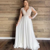 simple plus size chiffon wedding dress for woman long sleeves a line formal bride bridal gowns button back sexy v neck vestidos