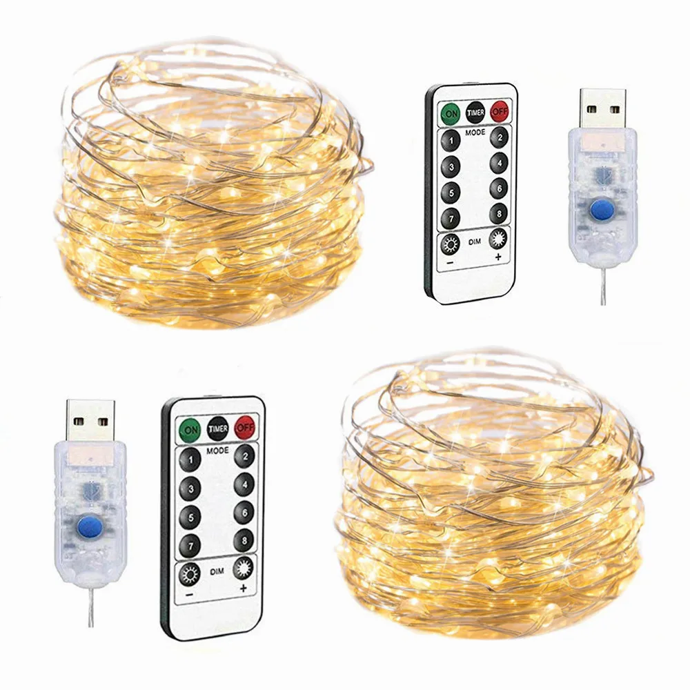 10m 100 Light Silver Wire Lamp USB Remote Control 8 Function Copper Wire Lamp String Christmas Wedding Bedroom Decoration