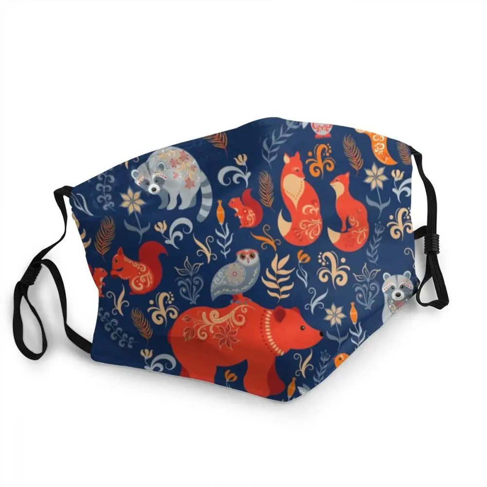 Сказочный лес. Лиса медведь енот совы кролики цветы и травы на голубом фоне.