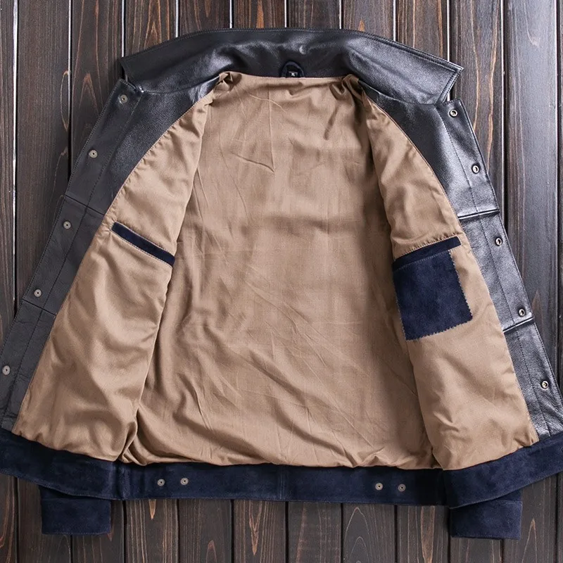 Весна Осень нубук воловья кожа Slim Fit мужские короткие куртки с длинным рукавом