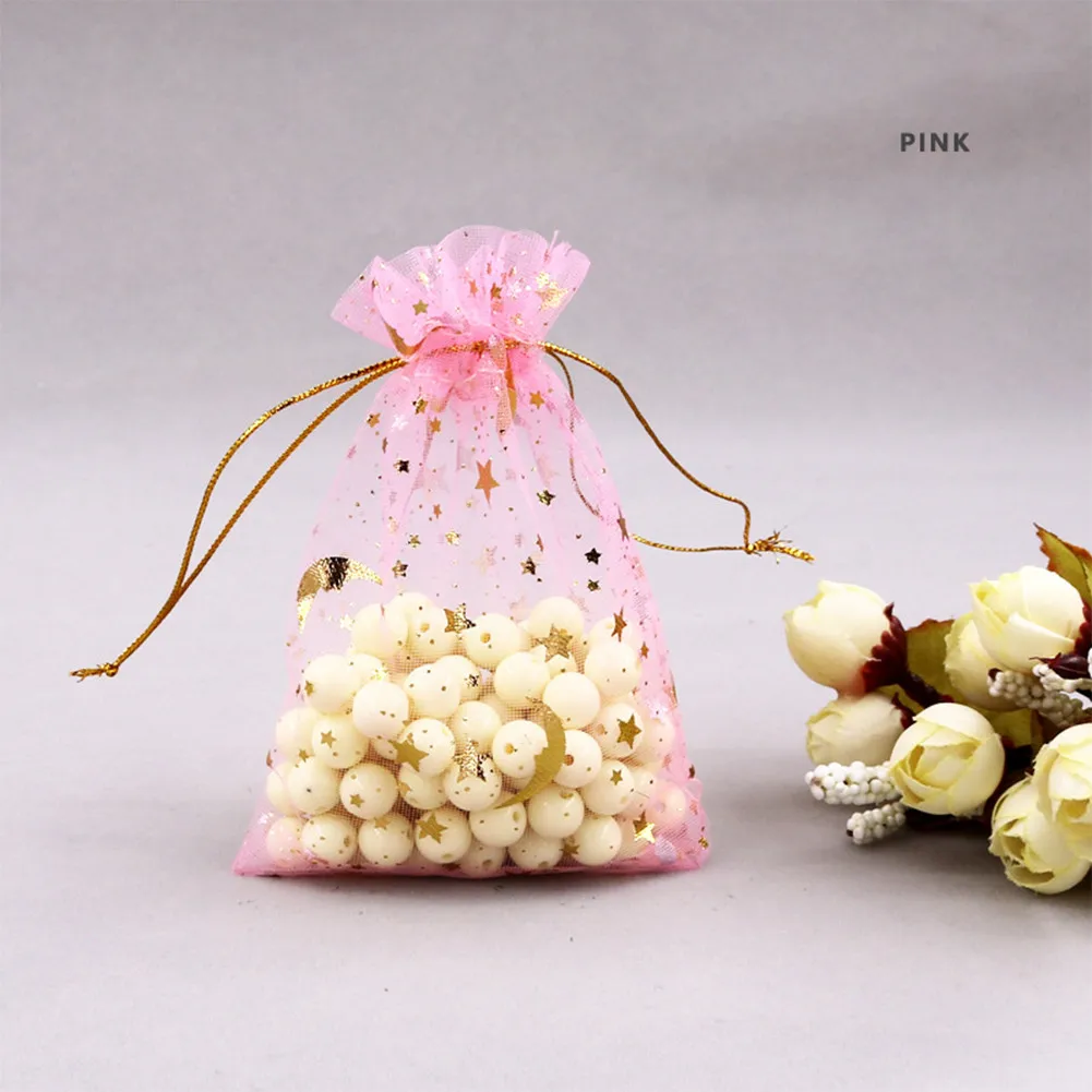 

100pcs Burlap Bags Moon Star Organza Pattern Gift Bags Wedding Jewellery Drawstring Party Pouches Drawstring Gift Yarn Bag