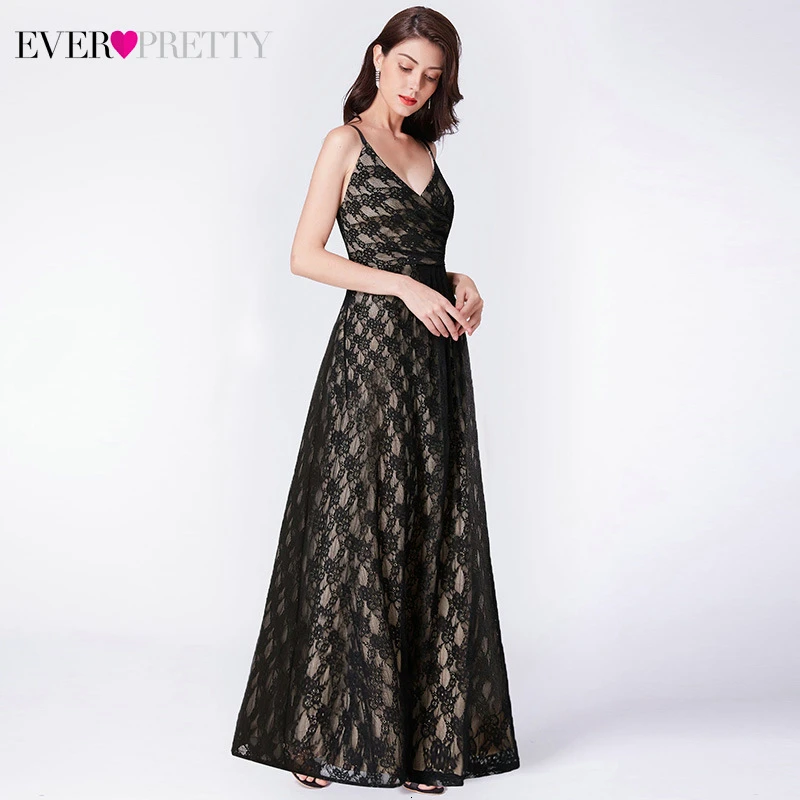 Ever Pretty/черные кружевные Длинные вечерние платья трапециевидной формы с v-образным вырезом без рукавов на тонких бретелях, черные вечерние платья Vestido, официальные платья Mujer