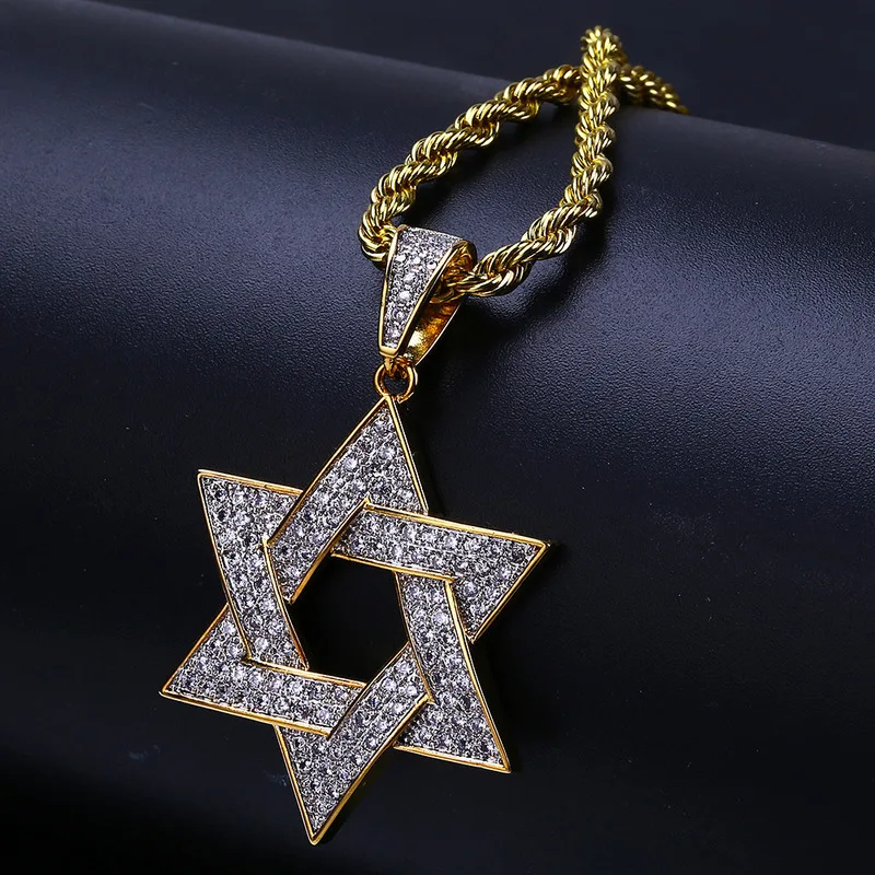 

European and American Hexagram Micro Inlaid Men's Necklace Star of David Hip Hop Pendant Pendant Wholesale Gothic