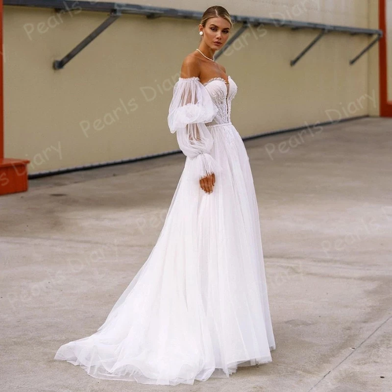 

Elegant Strapless Lantern Sleeve Bridal Gowns Vestido Beading Lace Applique Bride Dress Sweep Train Bohemia Wedding Dresses 2021