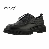 brangdygenuine leather platform block heels pumps women mid heel loafers shoes metal decoration round toe footwear black 40