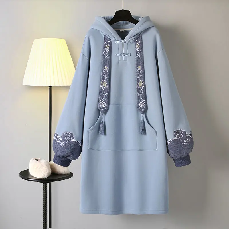 

Spring Chinese Style Hooded Stitching Vestido Cheongsam Dress Embroidery Sweatshirt DressAutumn Women Buckle Thick Harajuku