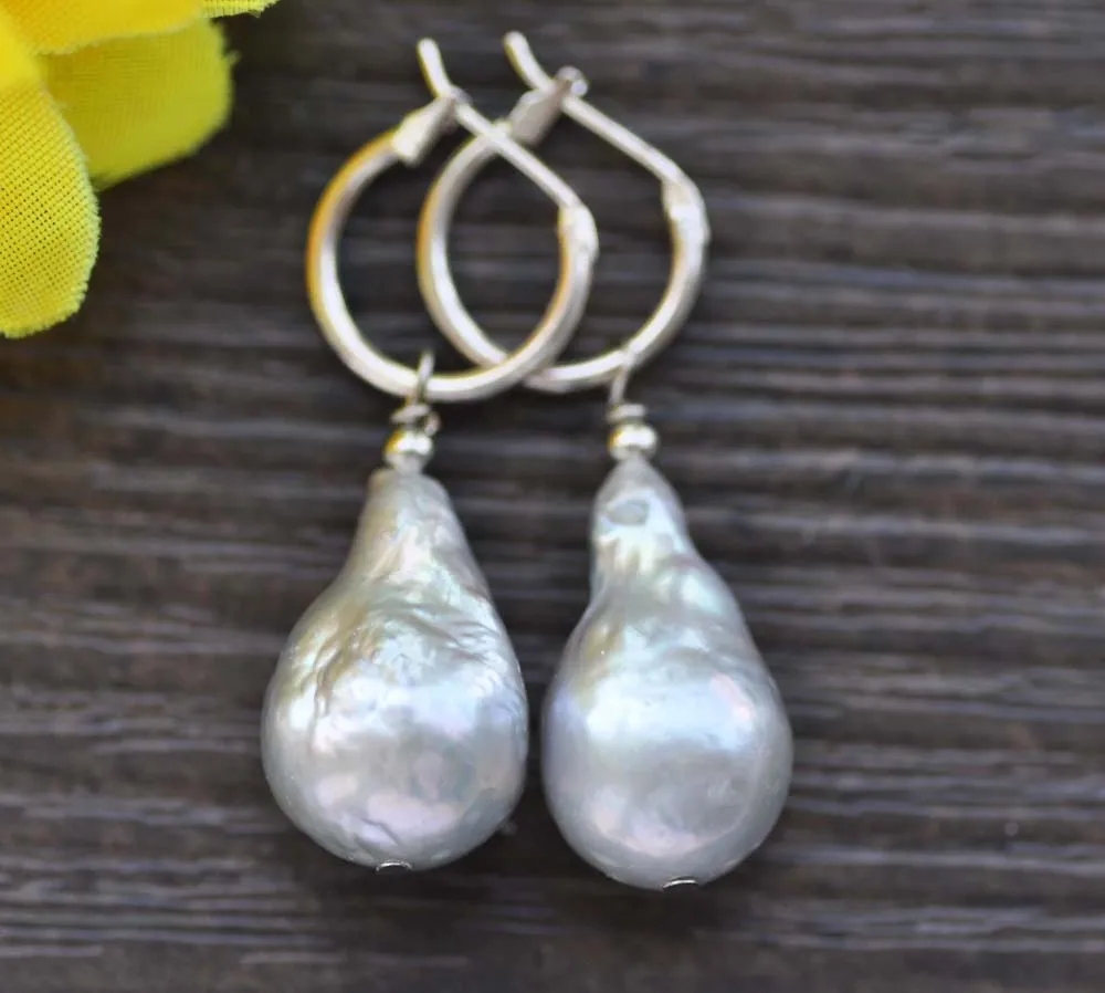 

Z10017 21mm Gray Baroque Keshi Reborn Pearl Dangle Earring 925SC