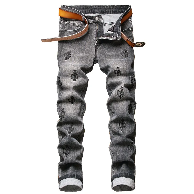 

Мужские джинсы с вышивкой KIMSERE, облегающие эластичные джинсовые брюки, однотонные серые брюки с вышивкой