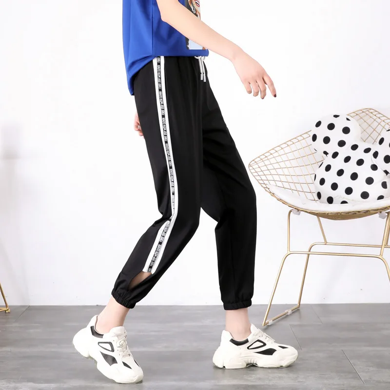 

Women Cotton Baggy Sweatpants Side Stripe Pockets Joggers Pants Elastic High Waist Workout Sports Running Trousers Streetwear