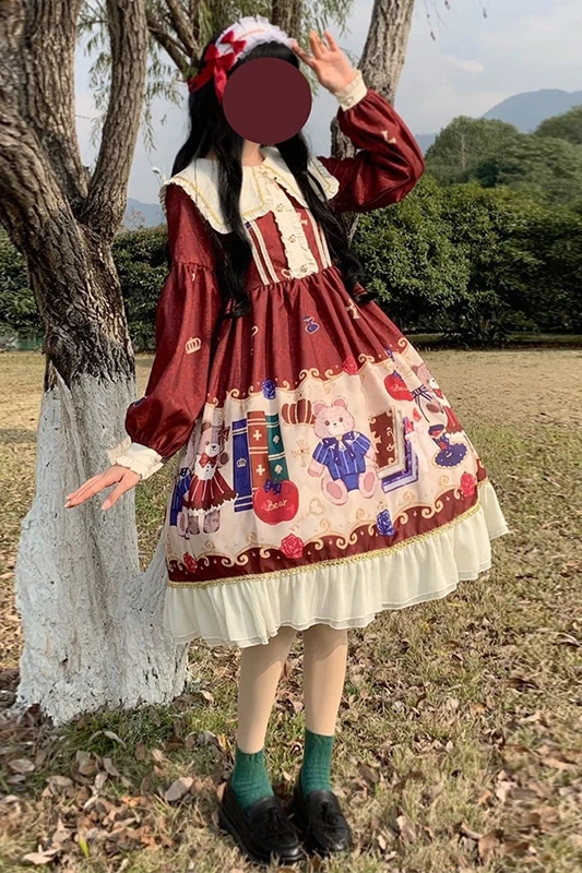 Sannian женское платье Autumnlolita японский рисунок с милым медведем Фонари воланами и