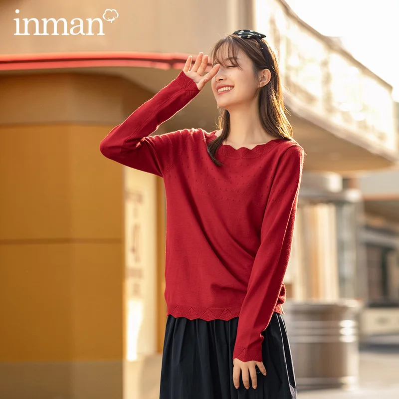

INMAN Spring Autumn Causal Style Female Hole Round Collar Solid Color Lady Knitted Knitwear Sweater