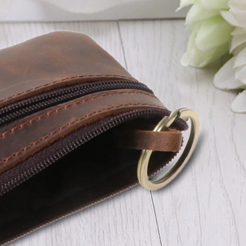 

Women Men Retro Cowhide Slim Key Purse Zipper Around Wallet Solid New Fashion Unisex Handbag 11.5x7.5cm