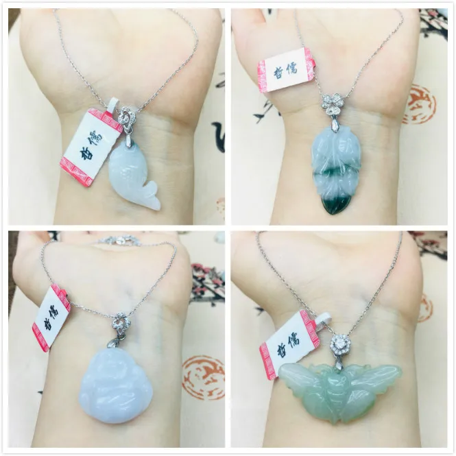 Zheru чистый натуральный жадеит листья Смеющийся Будда бабочка кулон с 925 серебро