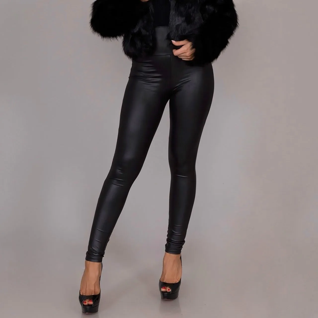 Женские кожаные леггинсы обтягивающие штаны с высокой талией сексуальные