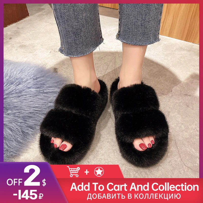 

Шлепанцы женские меховые, теплые пушистые тапочки, сланцы из искусственного меха, плоская подошва, Мягкие Вьетнамки для дома, для дам, знаме...