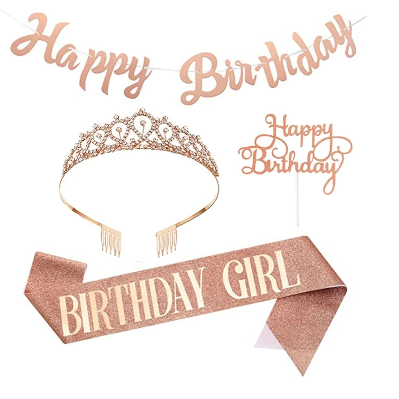 

Q0KF 4Pcs Birthday Accessories, Include Birthday Queen Sash,Happy Birthday Banner, Tiara and Happy Birthday Cupcake Topper