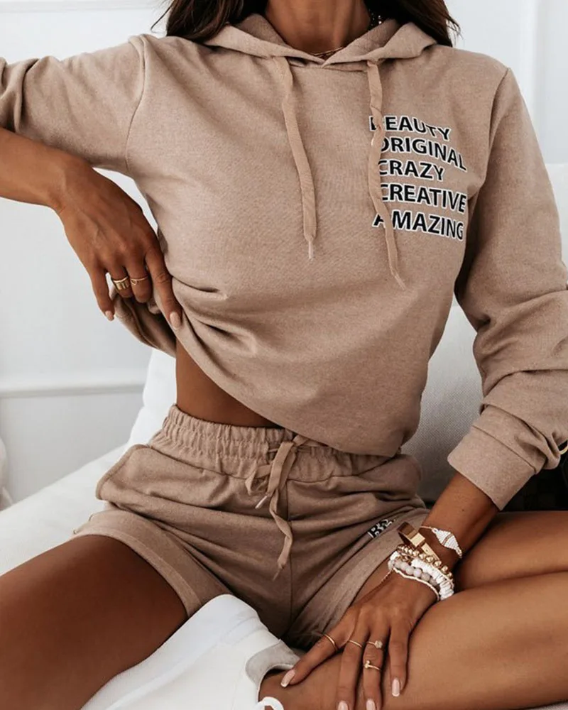

Autumn Casual Tracksuit Women's Shorts Suits Khaki Streetwear Long Sleeve Shirt Tops Loose Hooded Shorts Two Piece Set