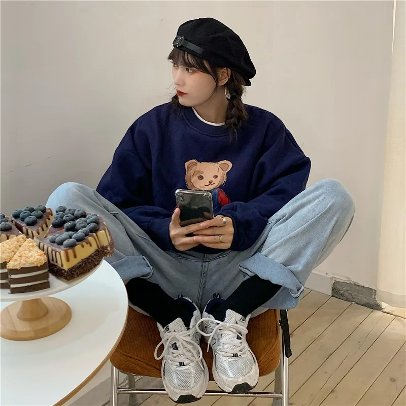 

2020 New Printed Cartoon Bear Hoodie Women's Autumn And Winter Loose Lazy Wind Plus Thick Velvet